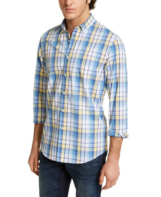 Club Room Men's Blue Plaid Collared Stretch Dress Shirt Blue Size Small