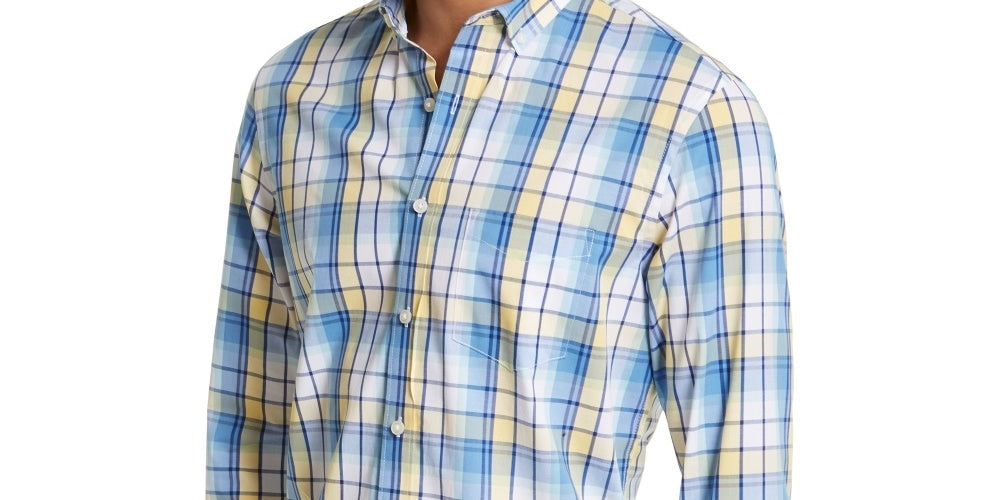 Camisa social masculina Club Room azul xadrez com gola elástica, tamanho pequeno