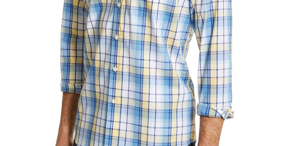 Camisa social masculina Club Room azul xadrez com gola elástica, tamanho pequeno