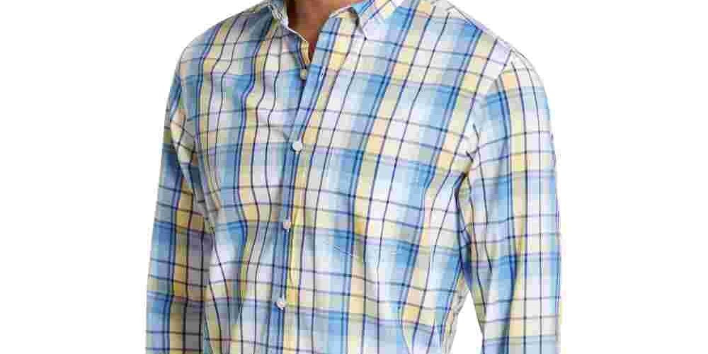 Camisa xadrez masculina Club Room Simon Moisture Wicking com botões, amarela, tamanho X-G