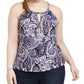 INC International Concepts Top feminino plus size estampado com decote em forma de fechadura e enfeites, azul-marinho, tamanho 3X