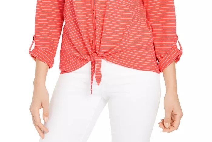 Blusa listrada com amarração frontal estilo &amp; co feminina laranja tamanho grande