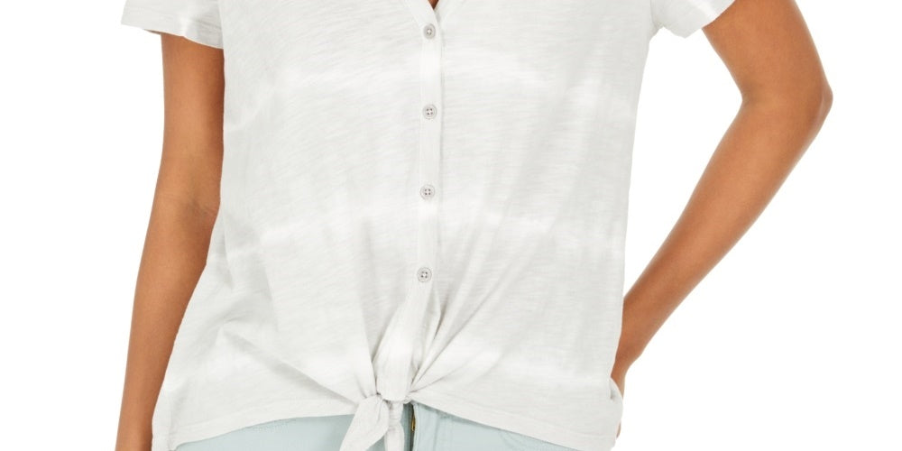 Blusa feminina estilo tie-dye com amarração frontal cinza, tamanho grande