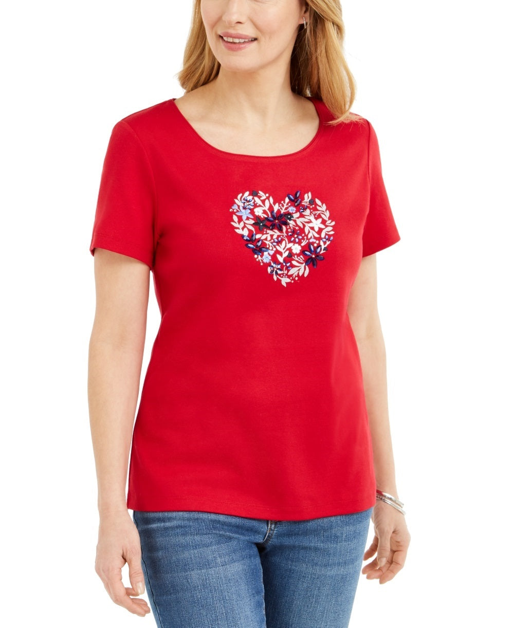 Karen Scott Blusa Feminina de Algodão com Estampa de Coração Vermelho Brilhante Tamanho P