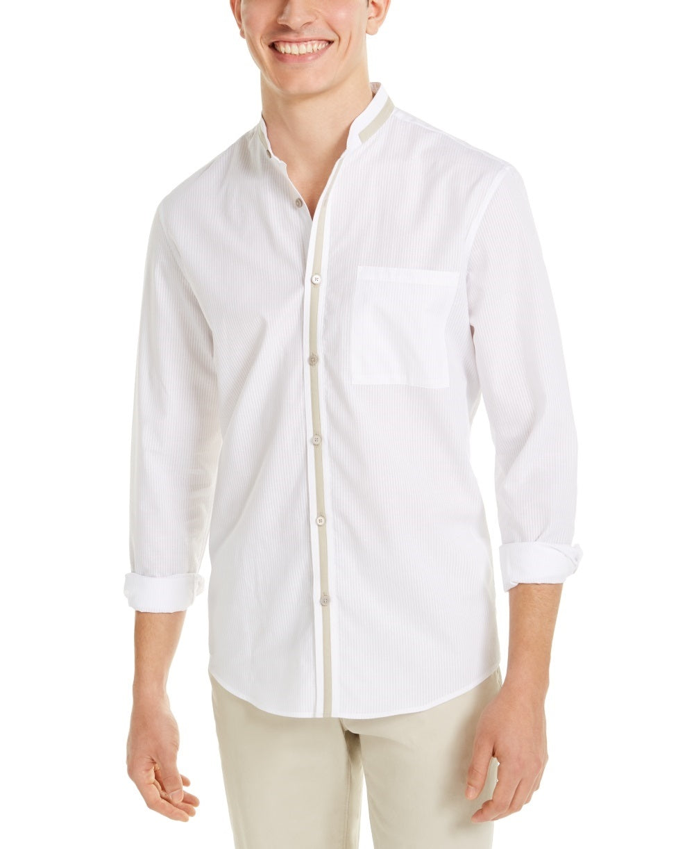 Camisa social masculina Alfani de algodão com riscas e ajuste clássico, branca, tamanho pequeno