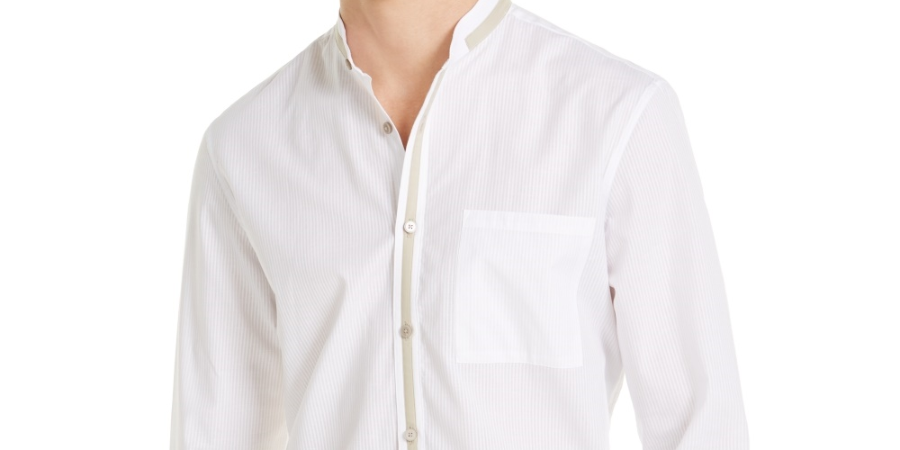 Camisa social masculina Alfani de algodão com riscas e ajuste clássico, branca, tamanho pequeno