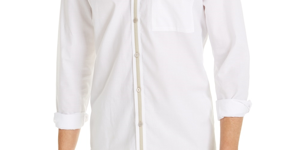 Camisa social masculina Alfani de algodão com riscas e ajuste clássico, branca, tamanho pequeno