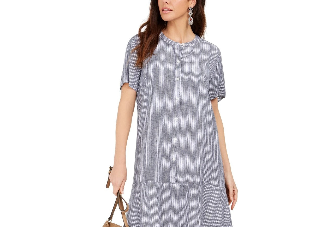 Vestido feminino estilo &amp; co, listrado, com botões na frente, em linho misto, corte A, azul médio, tamanho extragrande