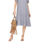 Vestido feminino estilo &amp; co, listrado, com botões na frente, em linho misto, corte A, azul médio, tamanho extragrande