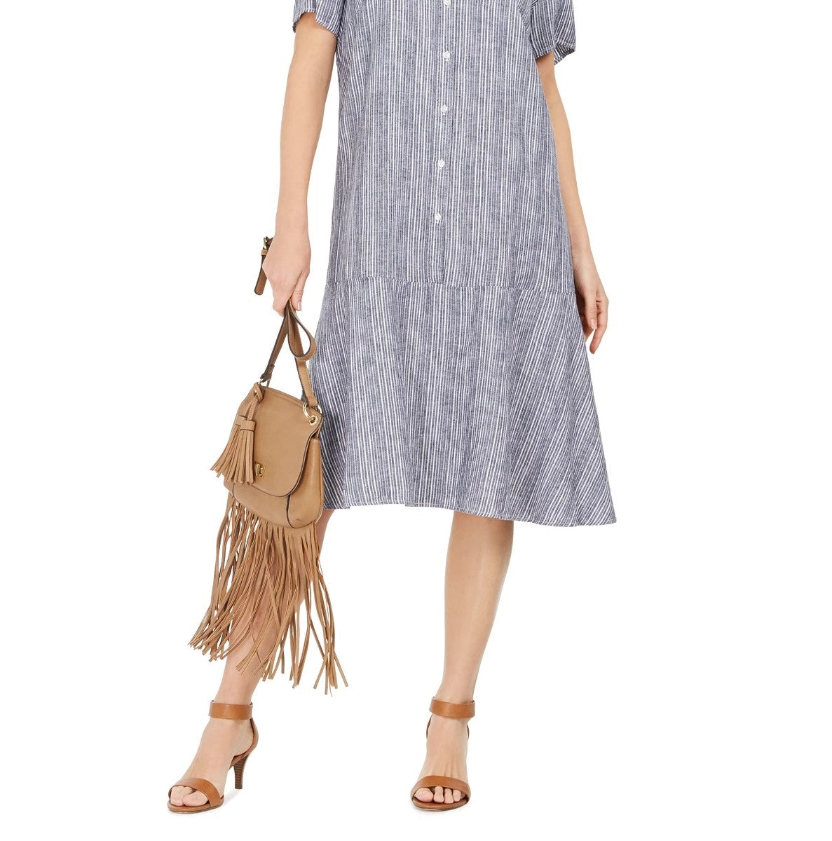 Vestido feminino estilo &amp; co, listrado, com botões na frente, em linho misto, corte A, azul médio, tamanho extragrande