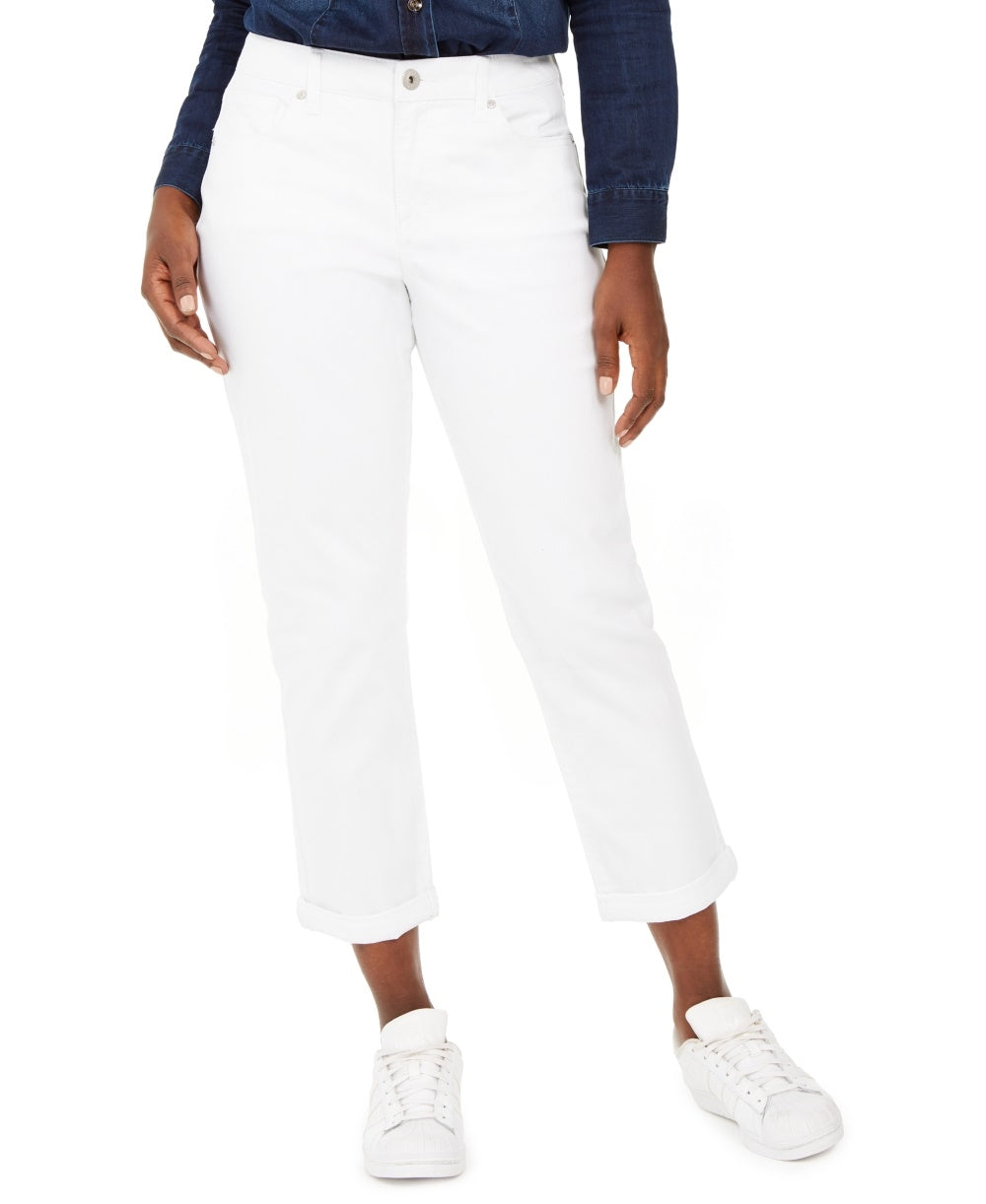 Calça jeans feminina estilo curvilíneo com punho e corte estilo namorada, branca, tamanho 14