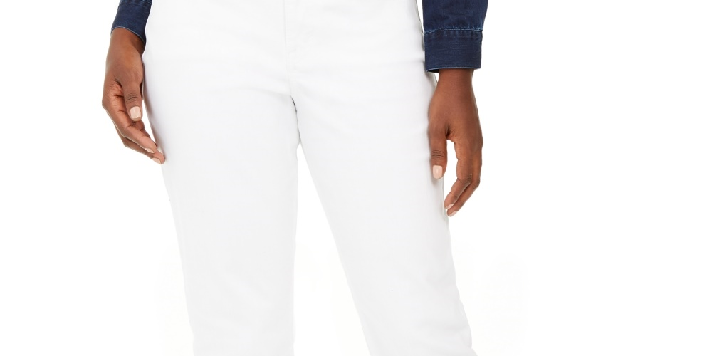 Calça jeans feminina estilo curvilíneo com punho e corte estilo namorada, branca, tamanho 14