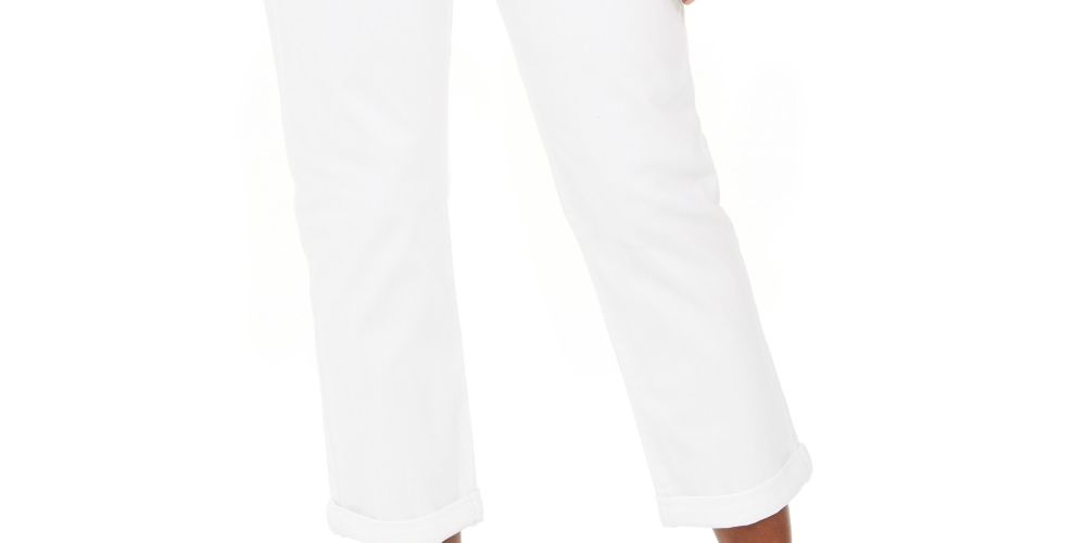 Calça jeans feminina estilo curvilíneo com punho e corte estilo namorada, branca, tamanho 14