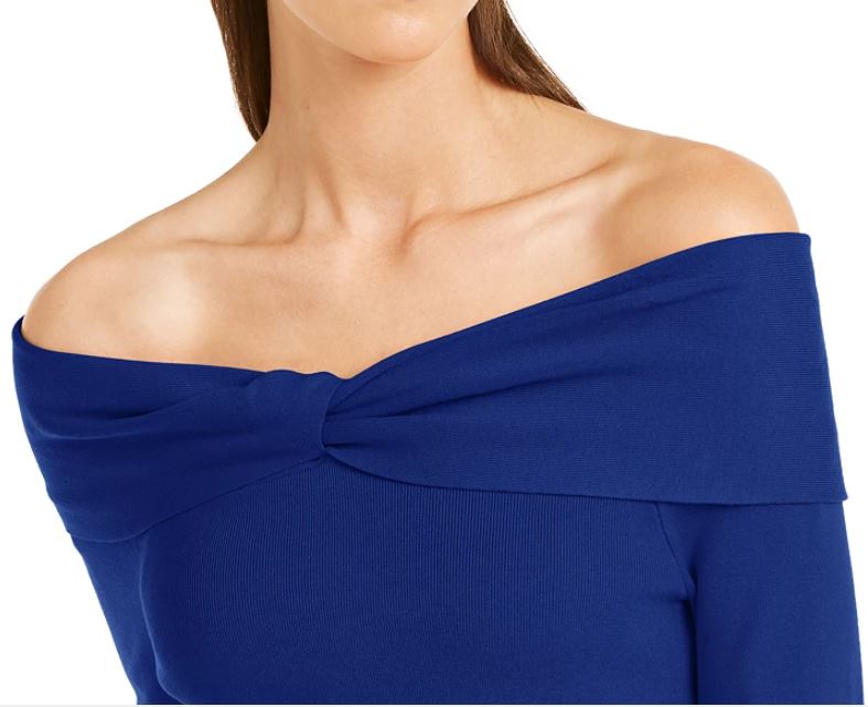 Suéter feminino com decote ombro a ombro da INC International Concepts, azul marinho, tamanho grande