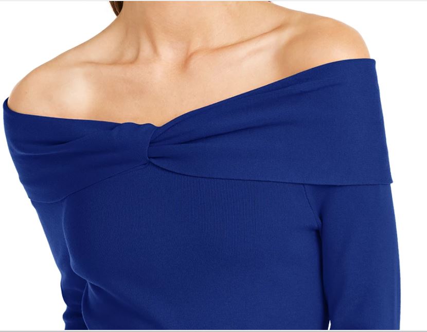 Suéter feminino com decote ombro a ombro da INC International Concepts, azul marinho, tamanho extragrande