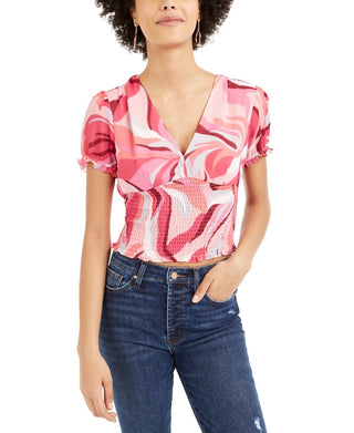 Bar III Women's Printed Smocked Top Red Size Medium