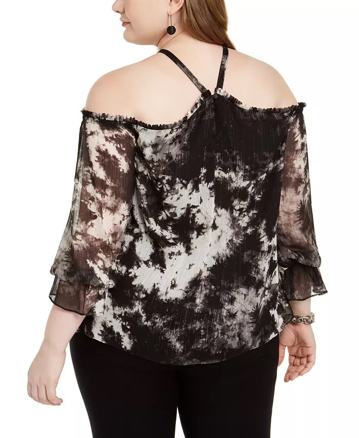 INC International Concepts Top feminino plus size com estampa tie-dye e ombros descobertos, preto, tamanho 3X