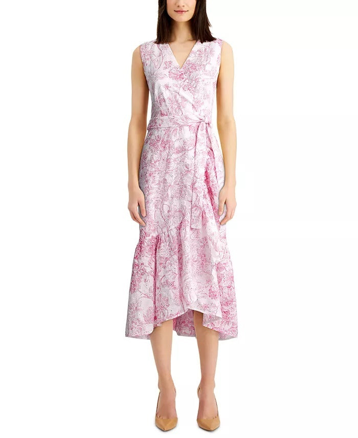 Vestido envelope falso com babados e ilhós estampados femininos Charter Club, rosa escuro, tamanho 16