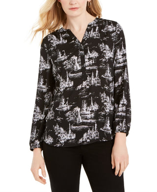 Top feminino estampado com decote aberto Charter Club, preto, tamanho X-S
