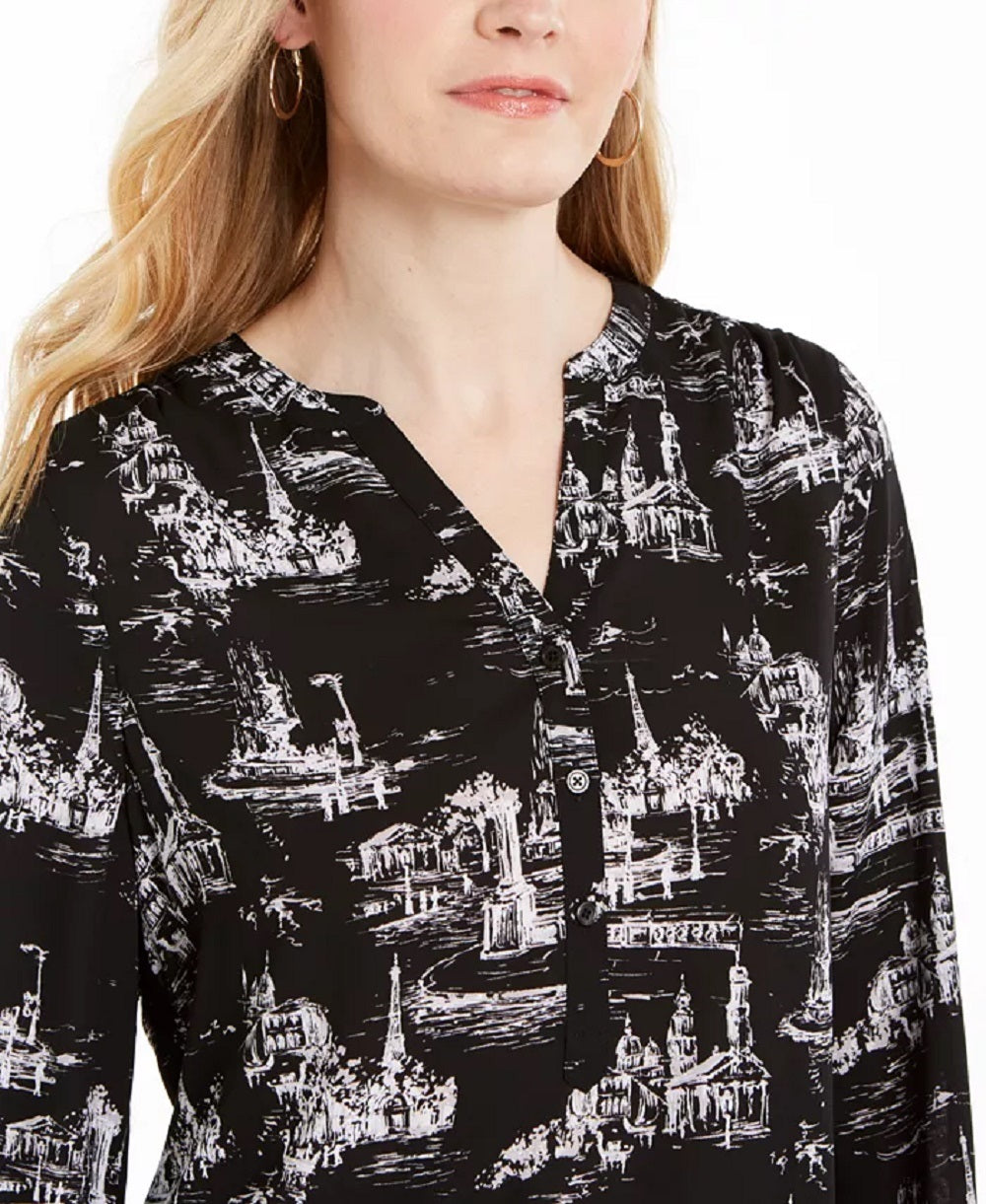 Top feminino estampado com decote aberto Charter Club, preto, tamanho X-S