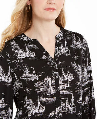 Top feminino estampado com decote aberto Charter Club, preto, tamanho X-S