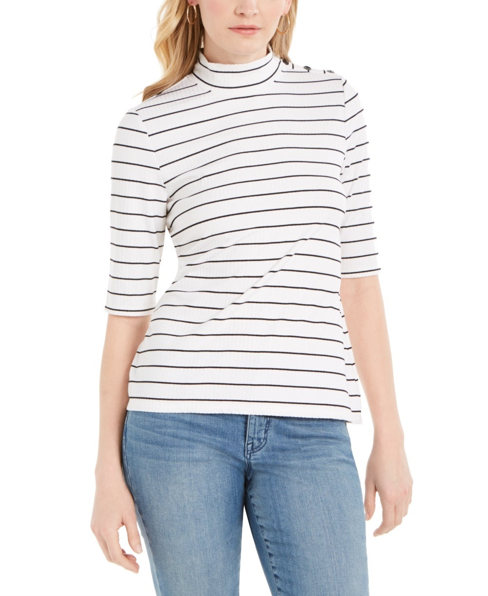 Blusa listrada de gola alta feminina Charter Club, branca, tamanho XX-G