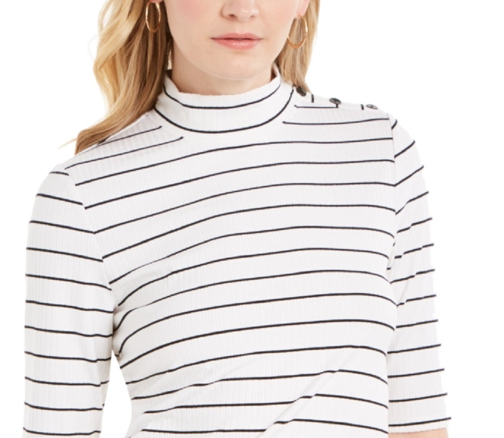 Blusa listrada de gola alta feminina Charter Club, branca, tamanho XX-G