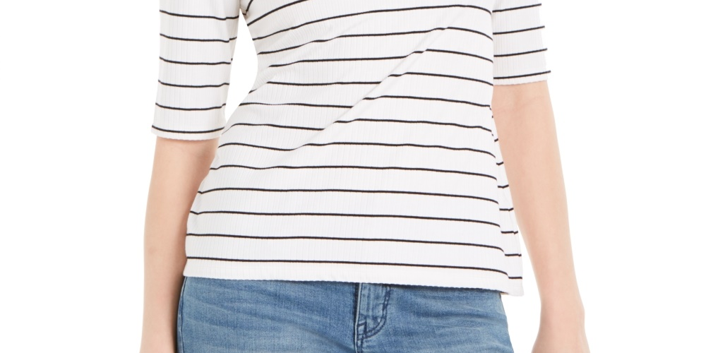 Blusa listrada de gola alta feminina Charter Club, branca, tamanho XX-G