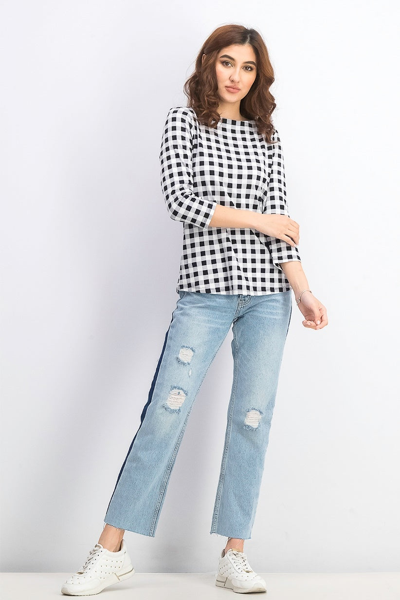 Charter Club Blusa feminina de algodão com estampa xadrez e gola canoa, preta, tamanho extragrande