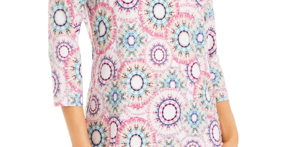 Blusa estampada em jacquard com manga 3/4 da coleção feminina JM, azul marinho, tamanho médio