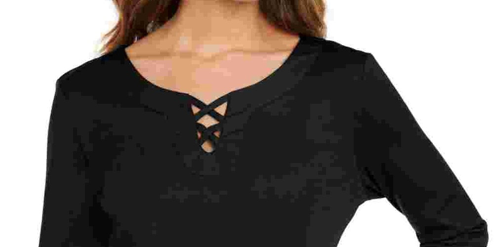 Camiseta feminina Karen Scott de algodão com cadarço, preta, tamanho pequeno