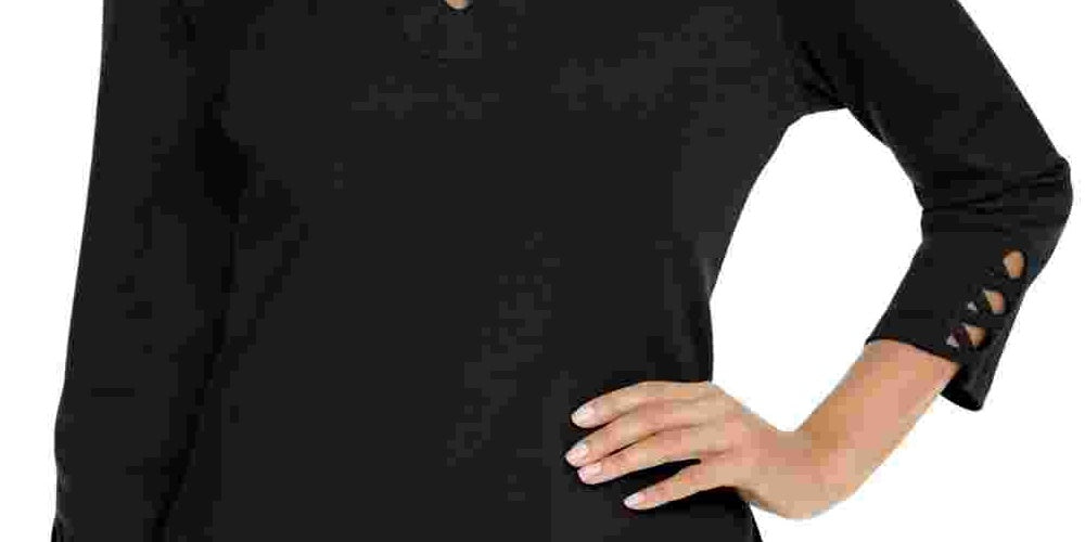 Camiseta feminina Karen Scott de algodão com cadarço, preta, tamanho pequeno