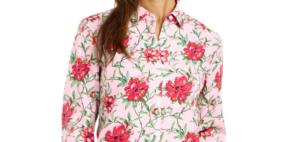 Camisa feminina com estampa floral e botões Charter Club, rosa, tamanho médio