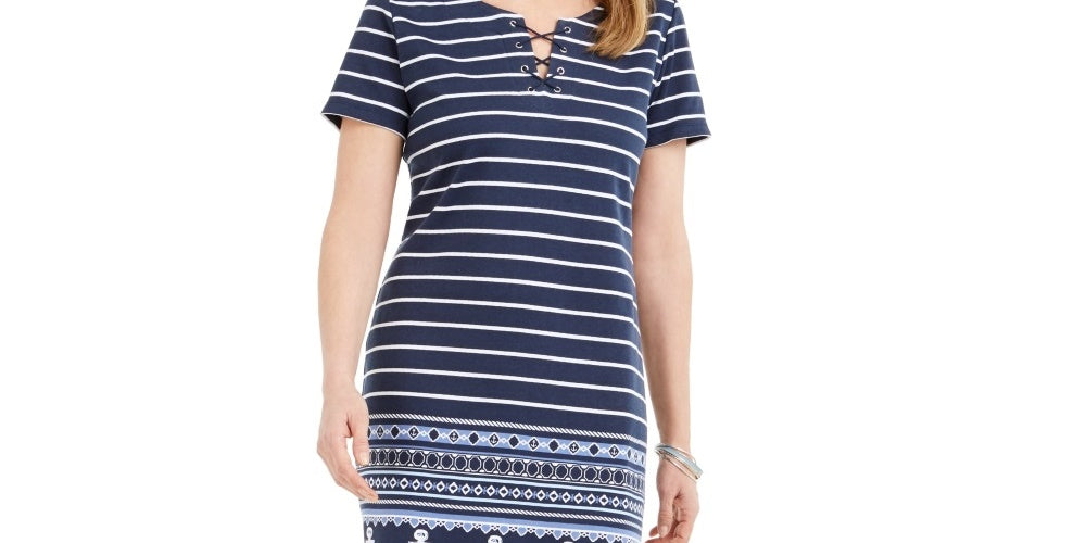 Vestido feminino Karen Scott com decote aberto e amarração, tamanho grande, azul marinho