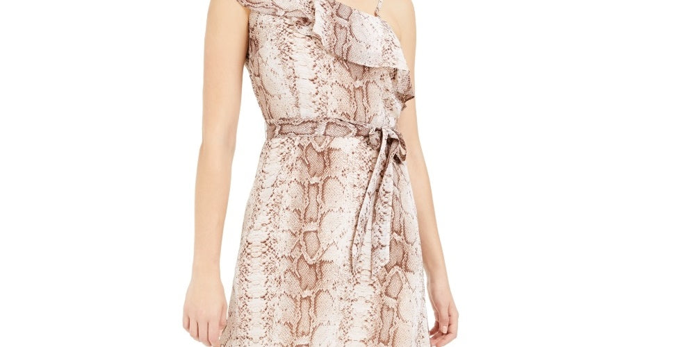 Vestido curto feminino Bar III com babados e decote assimétrico, bege, tamanho 2