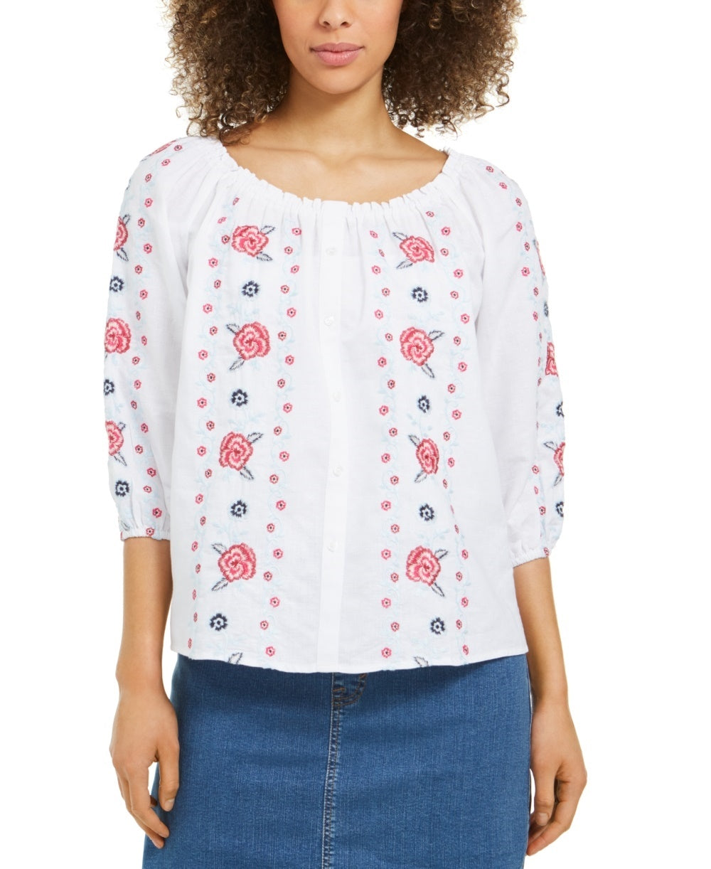 Blusa feminina Charter Club de linho com frente bordada, branca, tamanho X-S