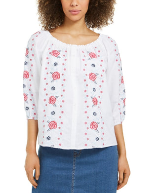 Charter Club Women's Linen Embroidered Front Blouse White Size X-Small