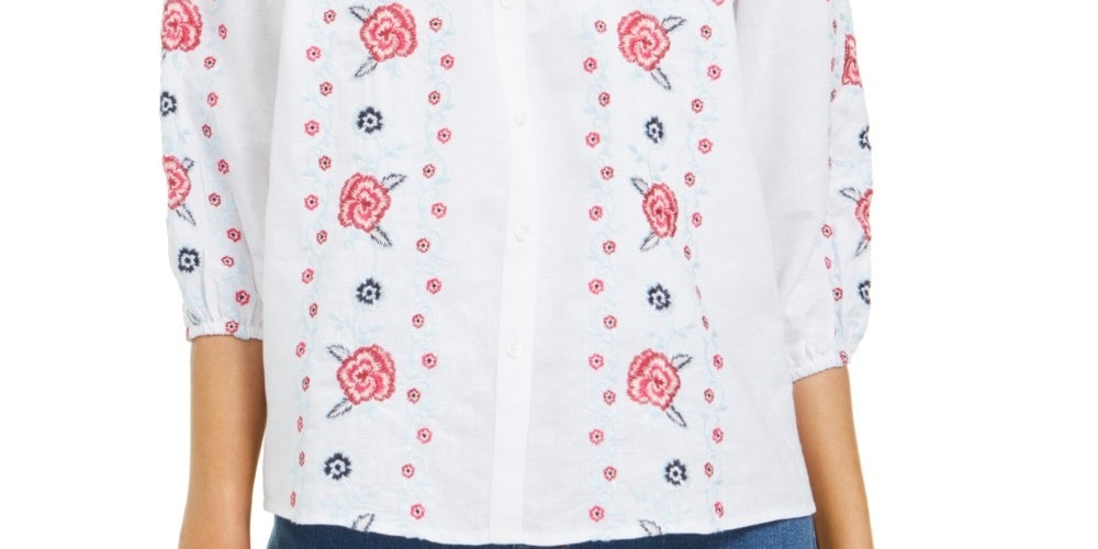Blusa feminina Charter Club de linho com frente bordada, branca, tamanho X-S