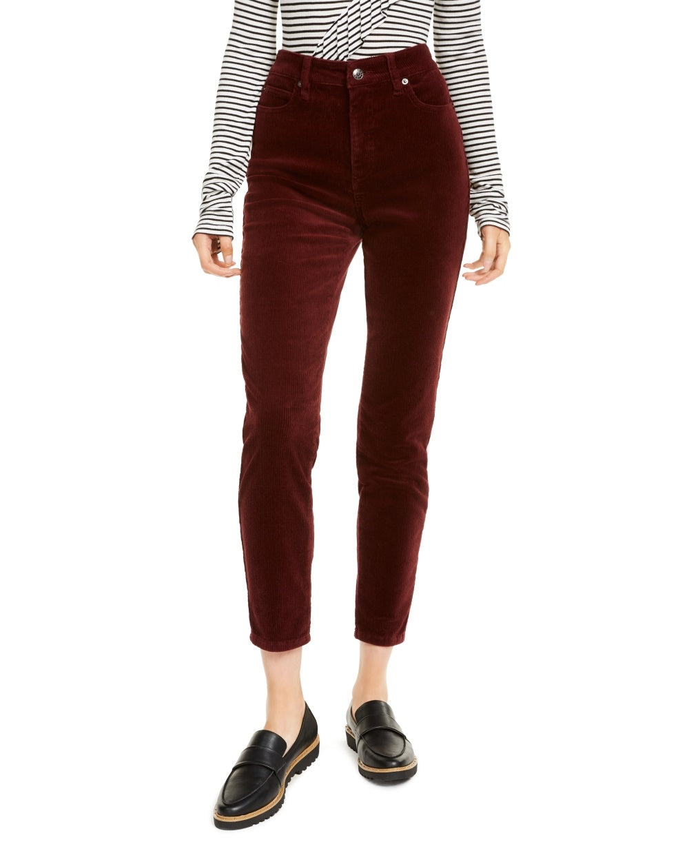 Calça skinny de veludo cotelê feminina OAT, cintura alta, vermelha, tamanho 27