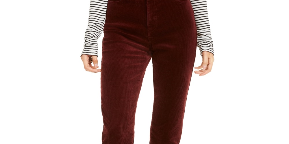 Calça skinny de veludo cotelê feminina OAT, cintura alta, vermelha, tamanho 27