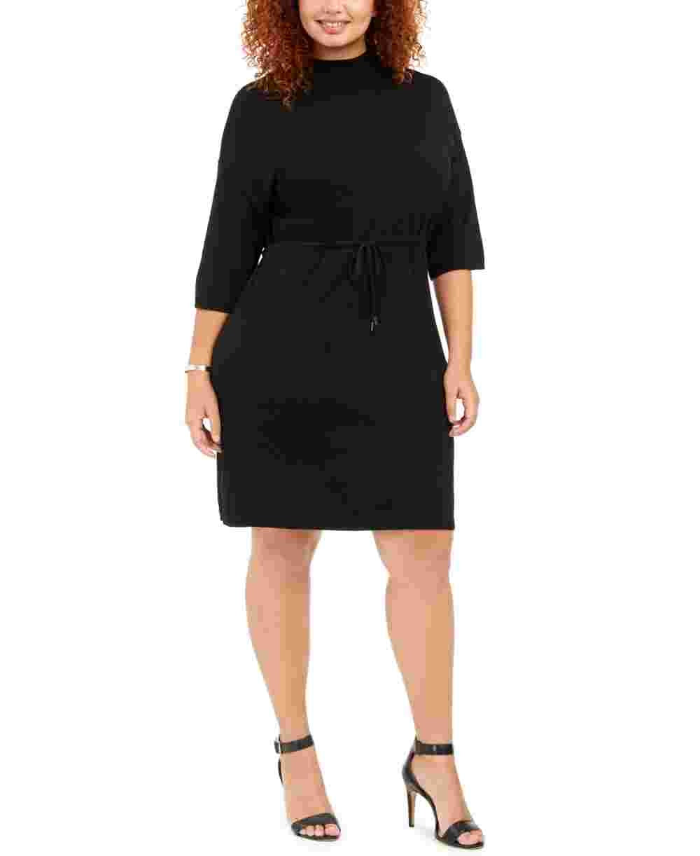 Vestido feminino Anne Klein com cinto, manga 3/4, gola alta, acima do joelho, para usar no trabalho, preto, tamanho 3X