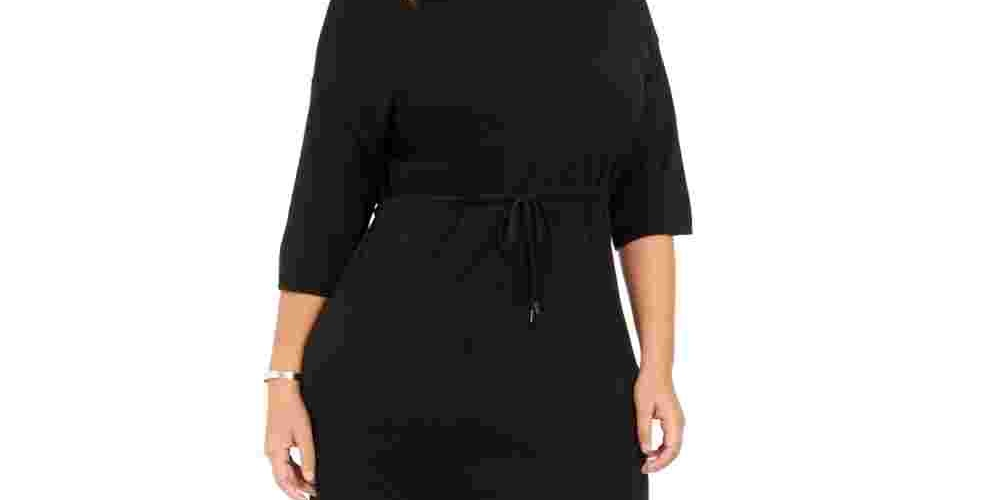 Vestido feminino Anne Klein com cinto, manga 3/4, gola alta, acima do joelho, para usar no trabalho, preto, tamanho 3X