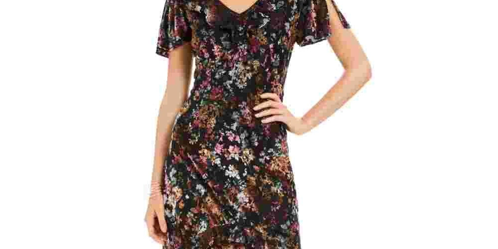 Vestido longo de veludo com estampa floral feminino INC International Concepts, preto, tamanho 6