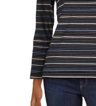 Camiseta feminina listrada com decote canoa Anne Klein, azul, tamanho médio