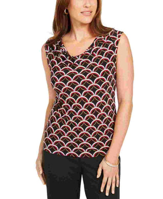 Kasper Women's Black Printed Sleeveless Jewel Neck Top Red Size Small