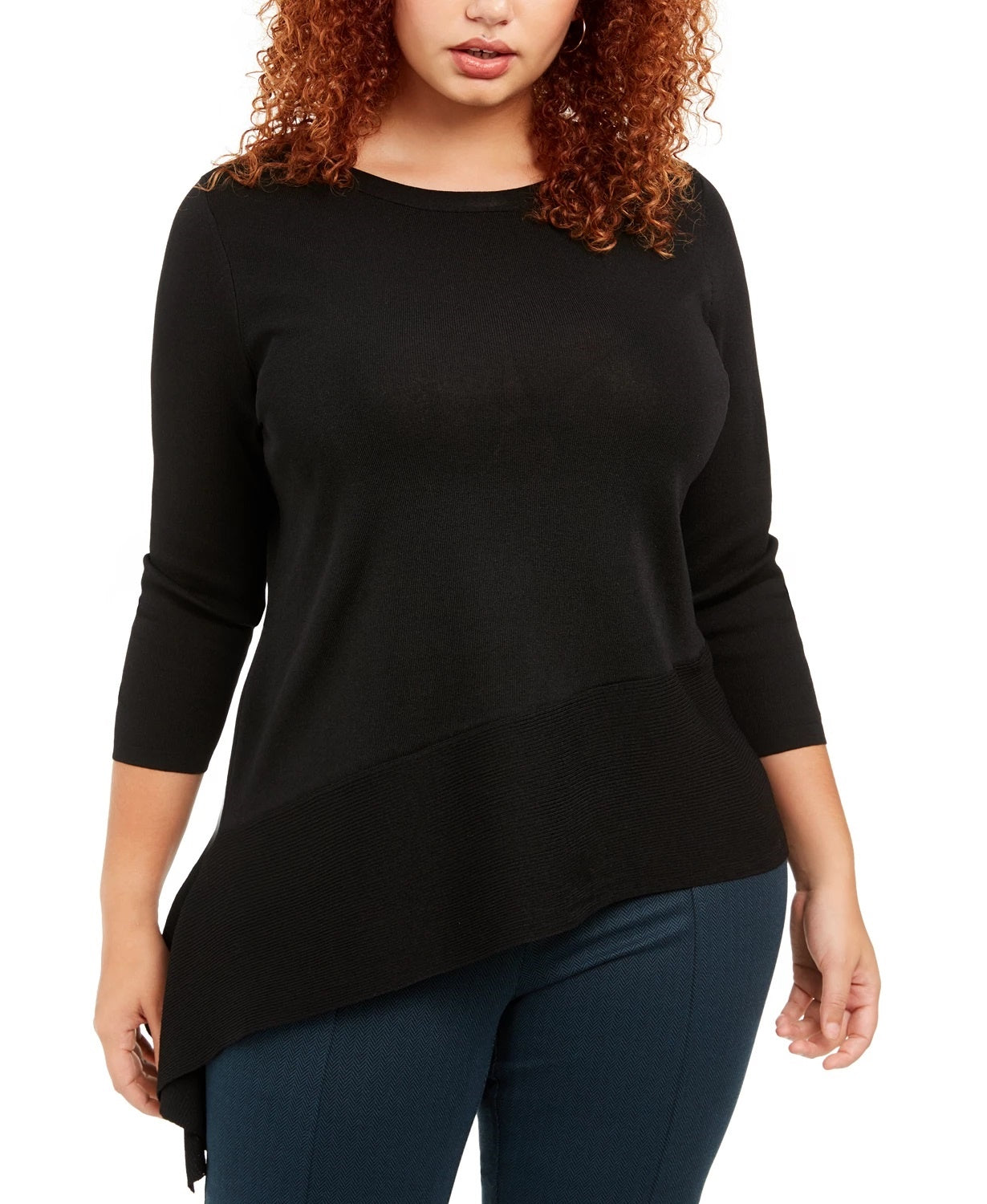 Suéter feminino Anne Klein Plus Size com bainha assimétrica, preto, tamanho 1X