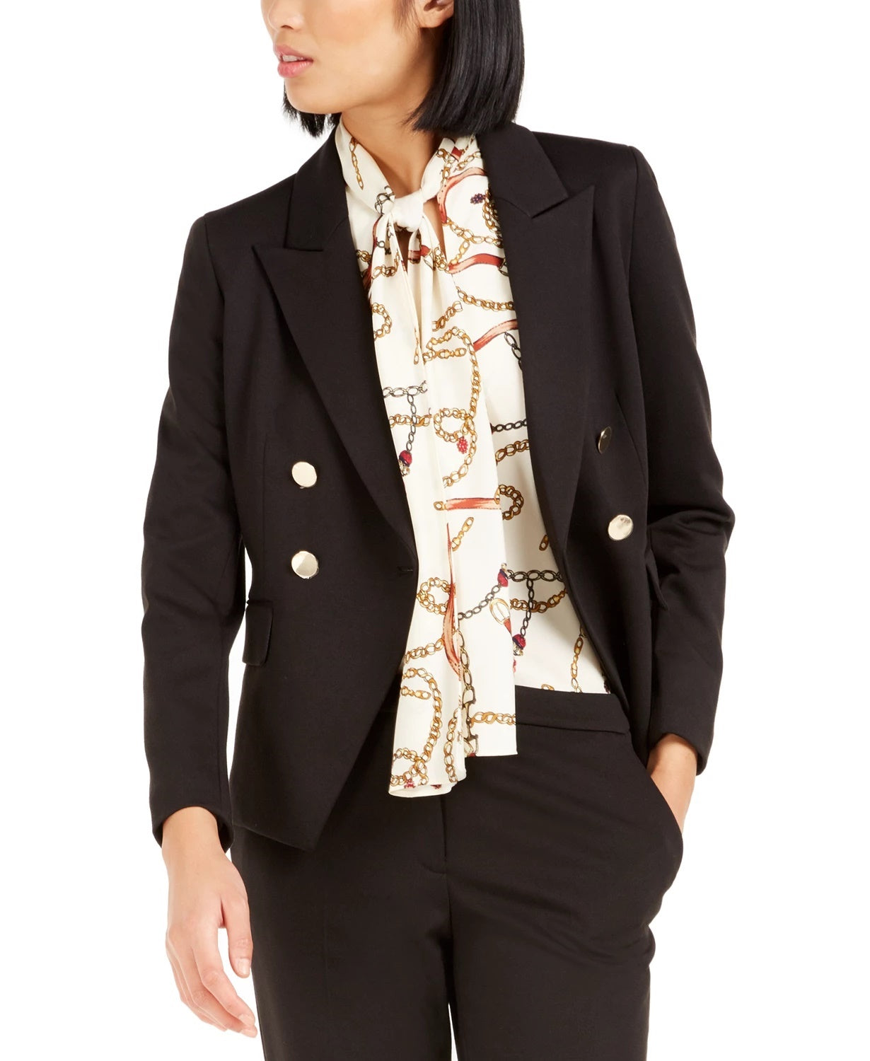 Jaqueta feminina Bar III com abotoamento duplo, preta, tamanho 6