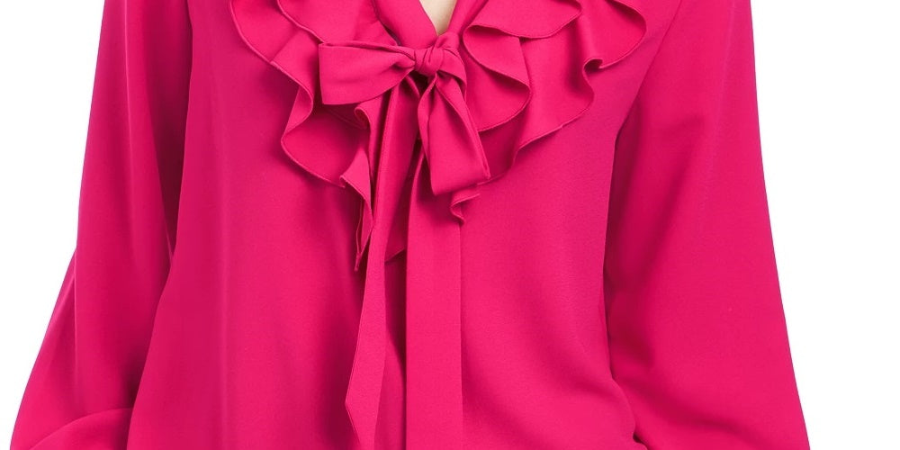 Blusa feminina Kasper com babados, manga comprida, gola alta, para usar no trabalho, vermelha, tamanho pequeno