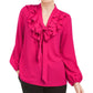 Blusa Kasper Feminina com Babados e Gola Amarrada, Rosa, Tamanho Pequeno