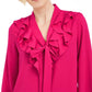 Blusa Kasper Feminina com Babados e Gola Amarrada, Rosa, Tamanho Pequeno